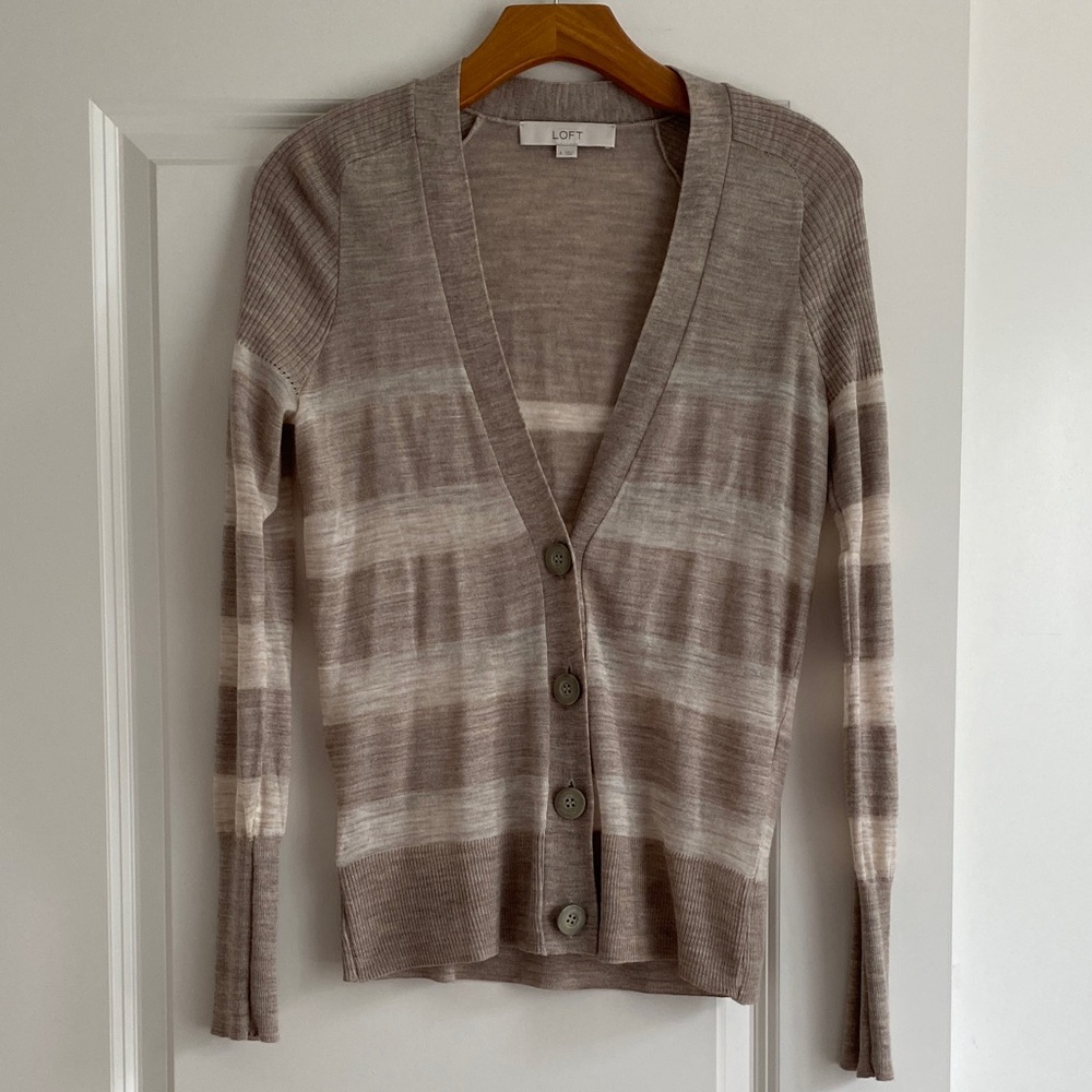 LOFT Taupe and Cream Striped V-Neck Button-Front Cardigan